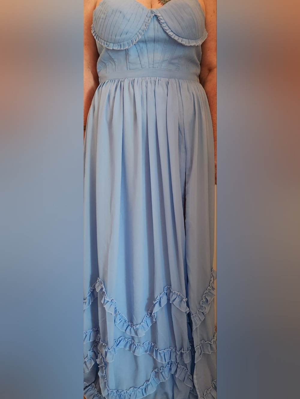 Light Blue Ruffle-Trim Prom Dress - Picture 3 of 7